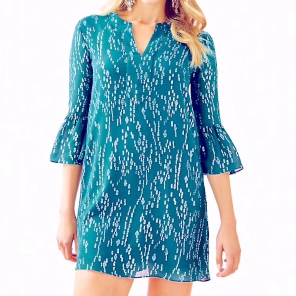 Lilly Pulitzer Elenora Silk Dress Inky Tidal Fish Clip Chiffon NWT